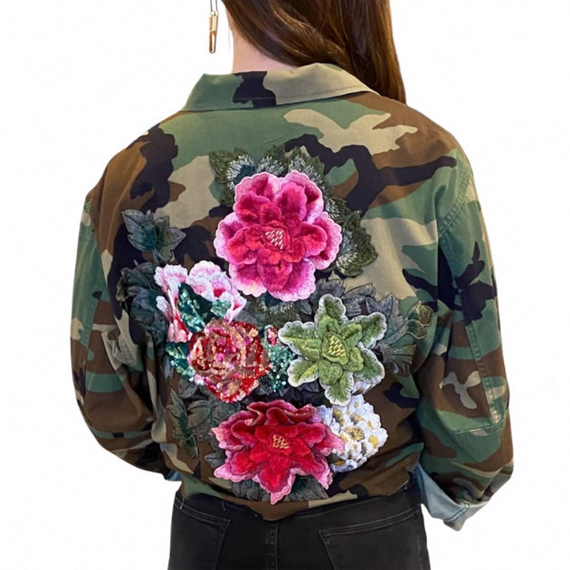 Josie Bruno Vintage Flower Applique Army Jacket Green Large 3