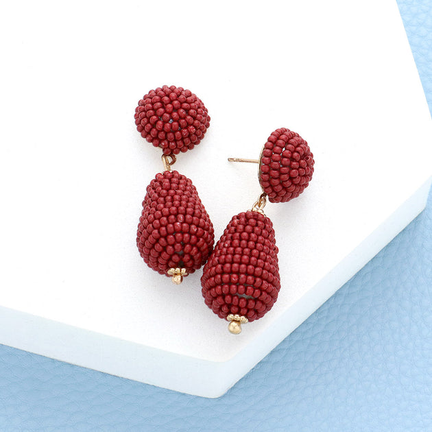 FASHNZFAB Seed Beaded Teardrop Dangle Earrings Red 2