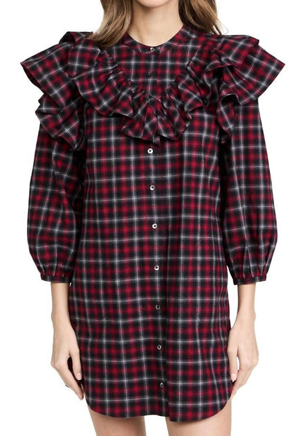 Something Navy Plaid Ruffle Button Up Dress Black XS 2