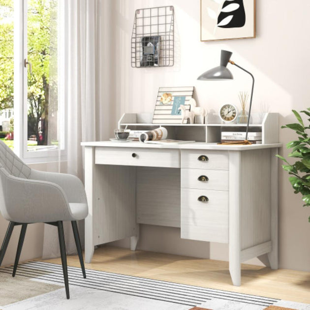 Hivvago Vintage Computer Desk with Storage Shelves and 4 Drawers-White ...