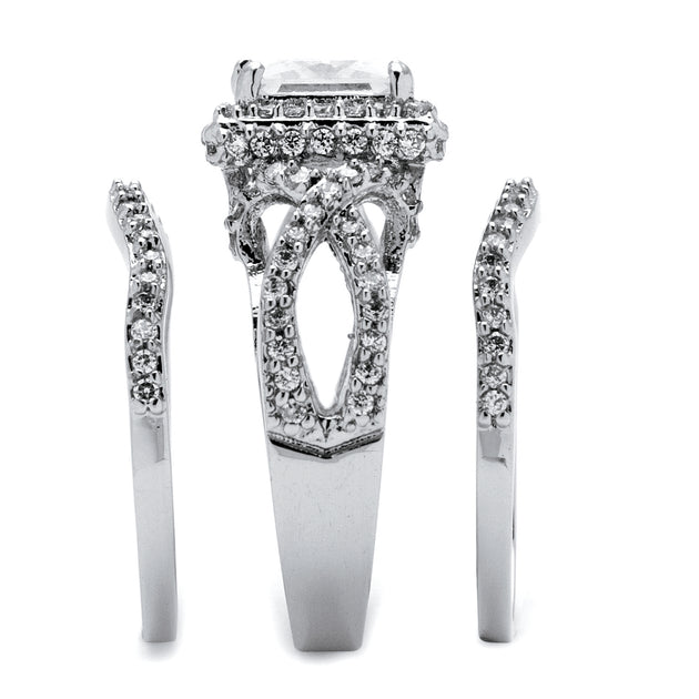 Palm 2.82 TCW CZ Platinum-plated Silver 3-Piece Crossover Halo Bridal Ring Set Silver US 8 3