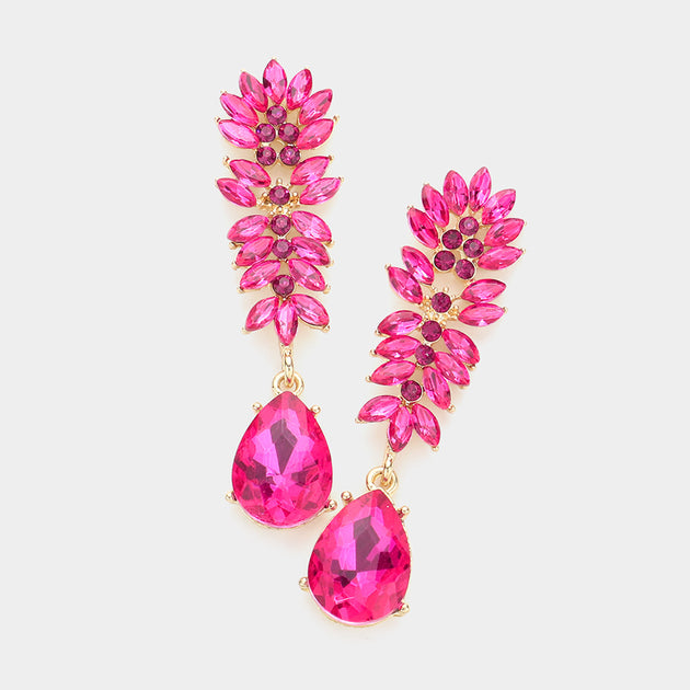FASHNZFAB Marquise Stone Cluster Teardrop Link Dangle Earrings Fuchsia Pink 3