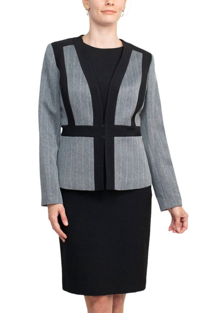 Le Suit Crepe Dress With Melange Herringbone Framed Cardi Jacket Grey US 18 2