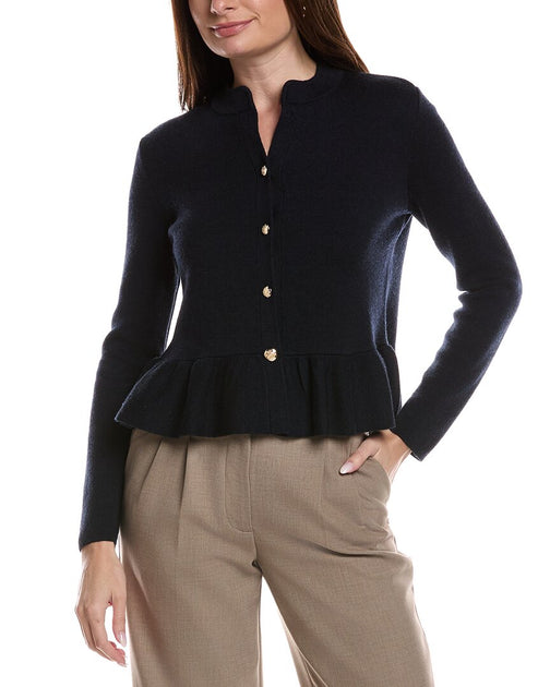 Bruno Magli Merino Wool Peplum Sweater Jacket Blue Medium 2