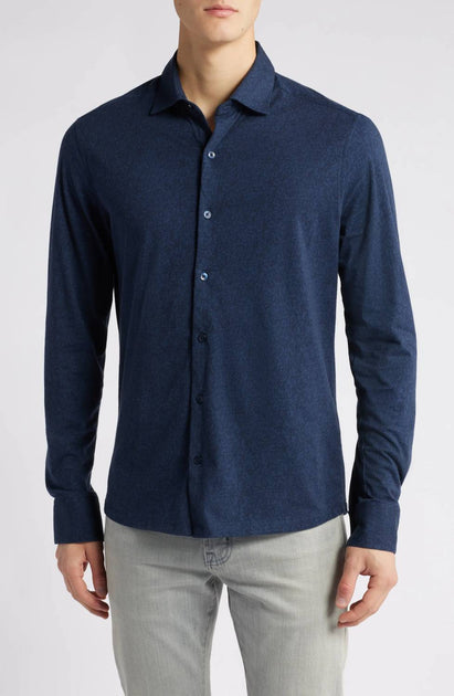Robert Barakett Leaf Print Knit Button-Up Shirt Blue Medium 2