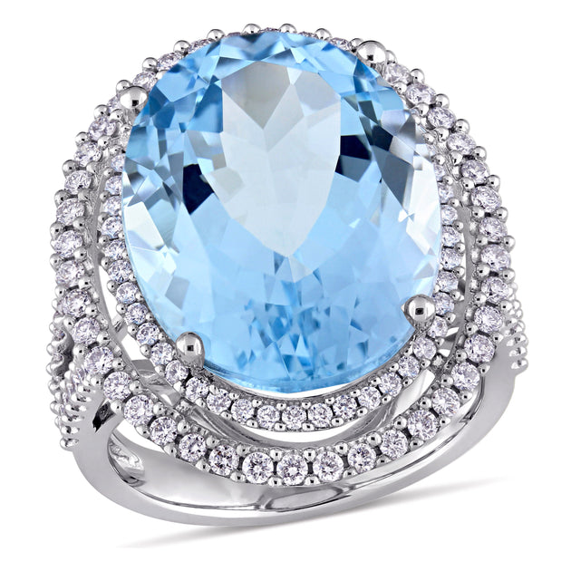 Mimi & Max Topaz Diamond Halo Ring 14k White Gold Blue US 6.5 2