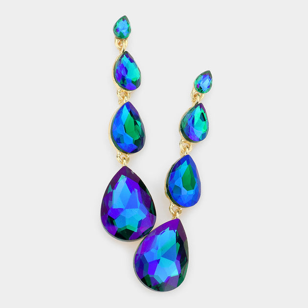 FASHNZFAB Teardrop Stone Link Dangle Earrings Green 2