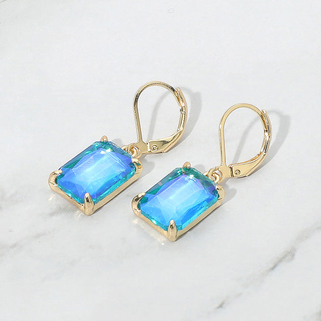 FASHNZFAB Rectangular Glass Stone Drop Earrings Green 4