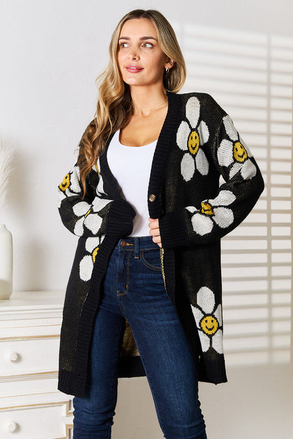 TRUEDAMES Floral Langstrickcardigan mit Knöpfen Schwarz Small 2