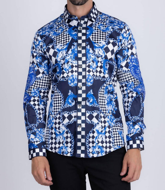 BARABAS Barock Karo Strass Langarmhemd Blau 4XLarge 2