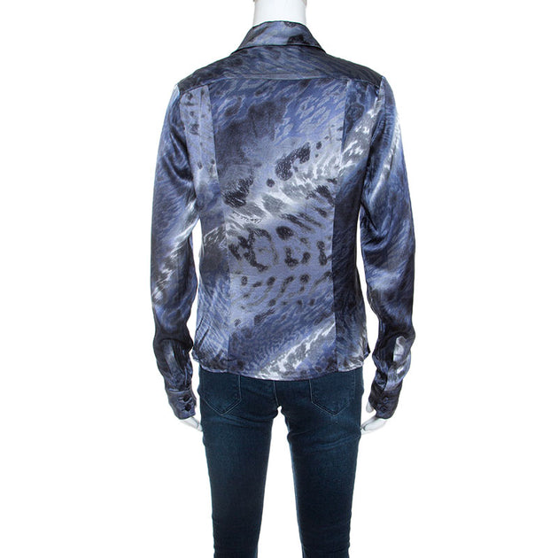 Roberto Cavalli Class Stretchseidensatin Bedrucktes Hemd Silber Medium 4