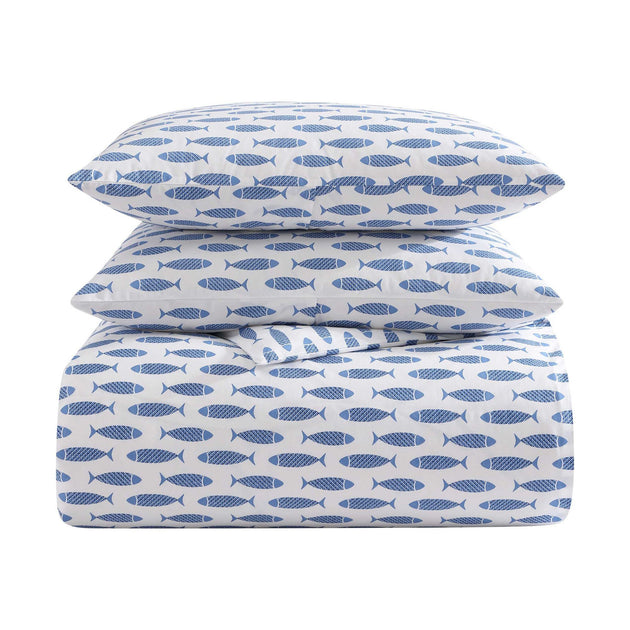 Nautica Woodblock Fish Blue King Duvet Cover Set 2