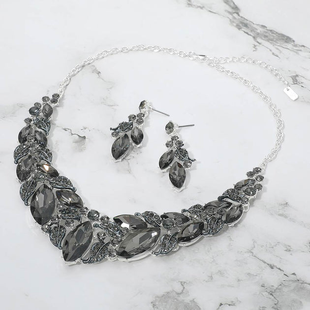 FASHNZFAB Marquise Stone Cluster Leaf Evening Necklace Set Blue One Size 2