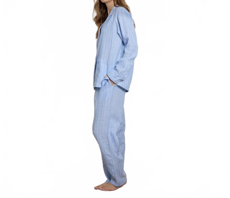 The Sleep Code Striped Linen Long Pajama Set Blue Large 4