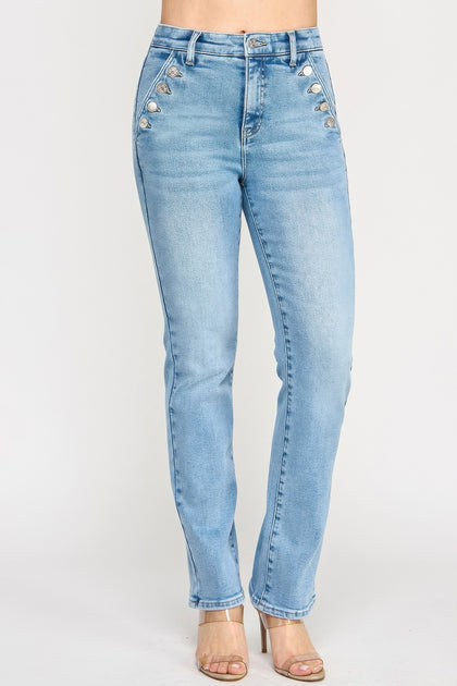TRUEDAMES High Rise Straight Button Pocket Blue US 2 3