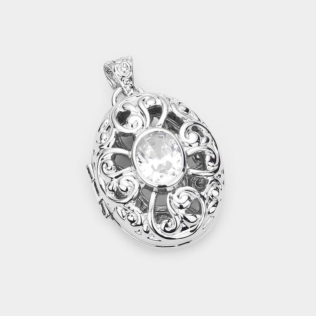 FASHNZFAB CZ Oval Filigree Metal Locket Pendant Pink 2