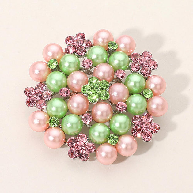 FASHNZFAB Pearl Crystal Floral Pin Brooch Green One Size 2