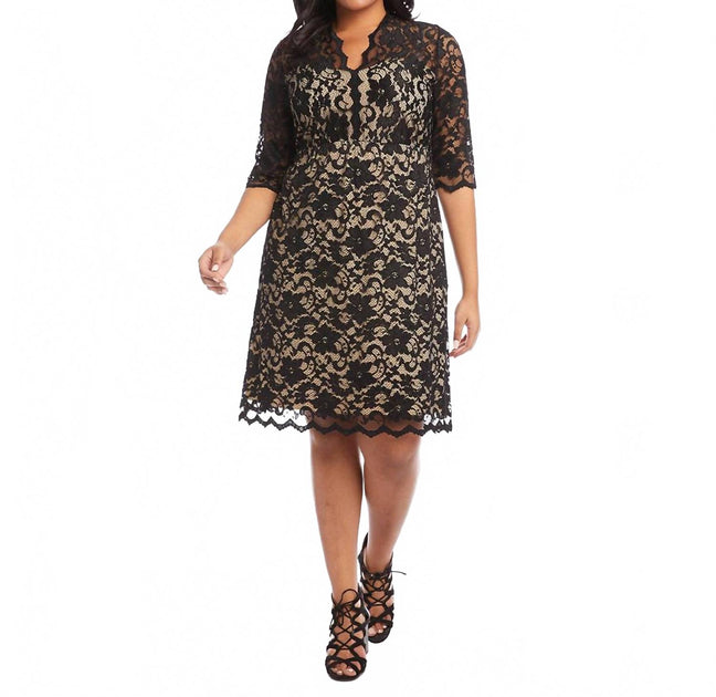 chinese dress ladies Karen Kane Plus Size V-Neck Scallop Lace Dress In Black With Nude