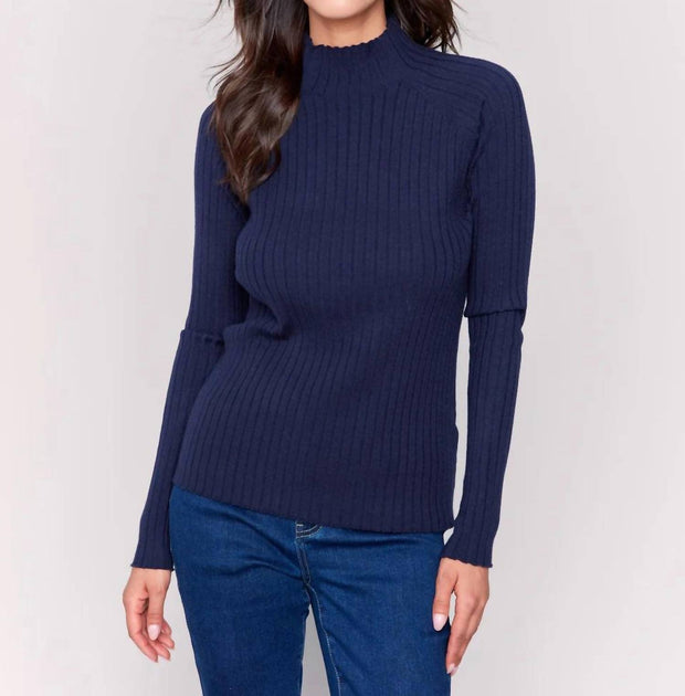 Charlie B Ribbed Knit Mock Neck Sweater Blue Small 2