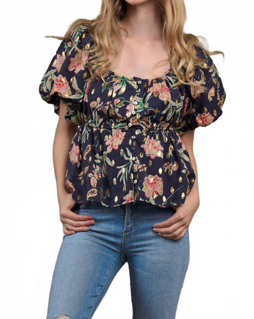 Collective Rack Floral Puffed Button-Down Blue Small 2