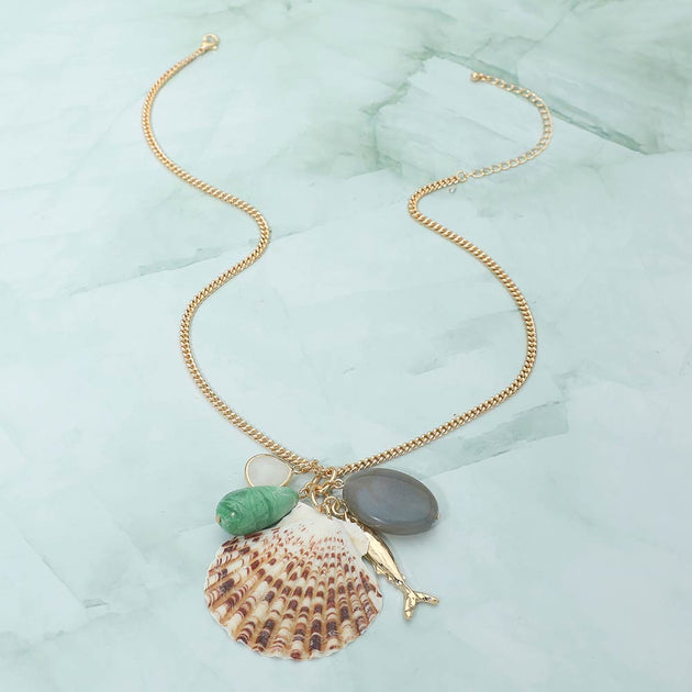 FASHNZFAB Seashell Fish Pebble Charm Necklace Orange 4