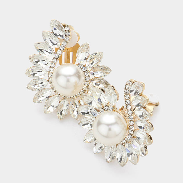 FASHNZFAB Marquise Stone Pearl Pointed Clip On Earrings Multi 3