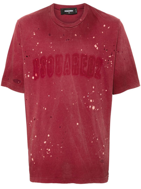 Dsquared2 Distressed Cotton Jersey T-Shirt Dark Red Medium 2
