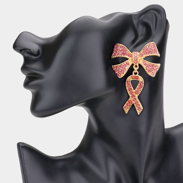 FASHNZFAB Ribbon Dangle Earrings Gold Pink 2