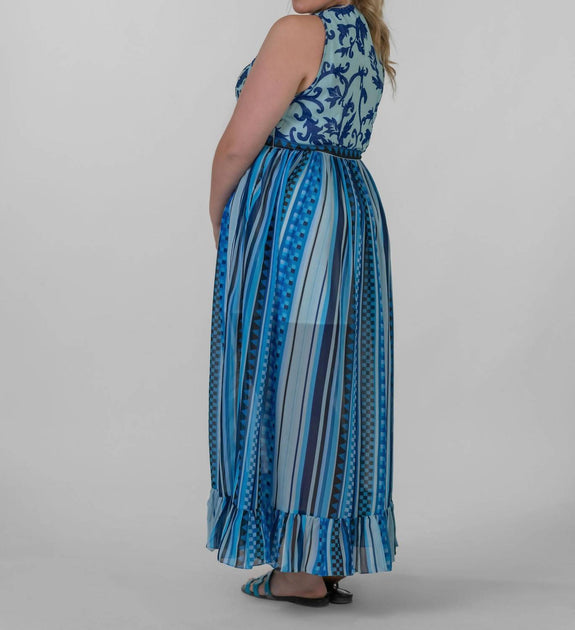 Just Bellina Checkered Stripe Waves Maxi Dress Blue 2X 4