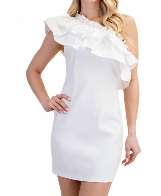 GLAM Ruffle Trimmed One-Shoulder Dress Off-White Large 2