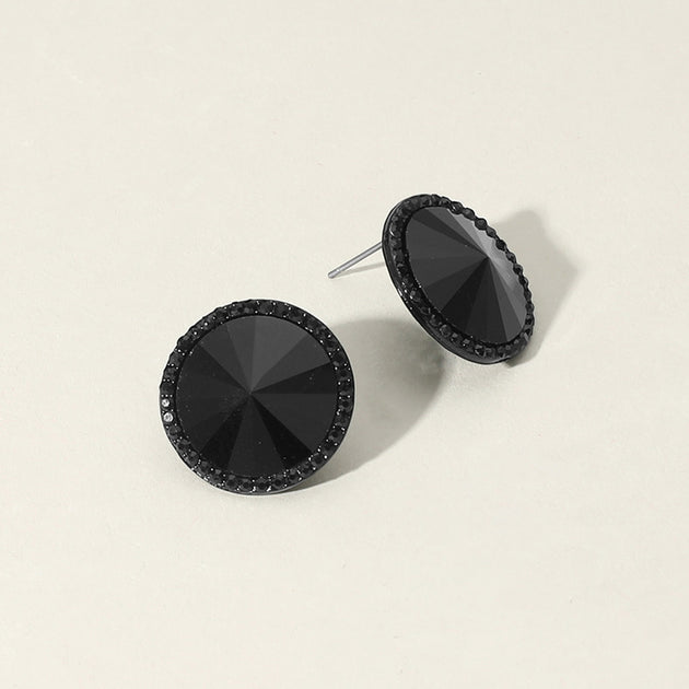 FASHNZFAB Round Glass Stone Evening Stud Earrings Black 2