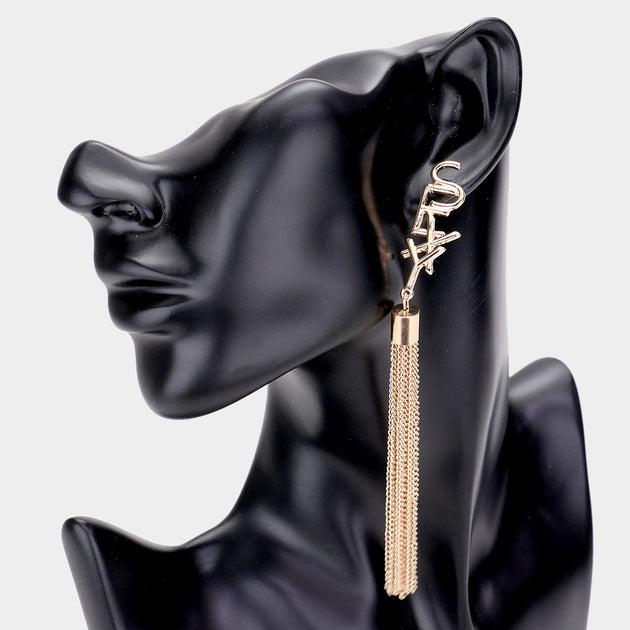 FASHNZFAB Long Chain Tassel Message Earrings Black 2