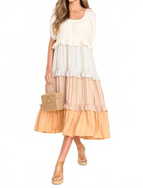 entro Colorblock Tiered Midi Dress Beige Large 2