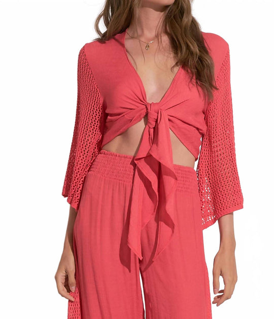 ELAN Resort Tie Front Crochet Sleeve Top Pink Large 2