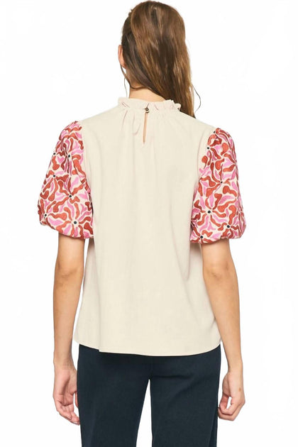 entro Embroidered Puff Sleeve Top Beige Medium 4