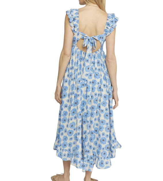 entro Floral Midi Dress Tie Back Blue Large 3