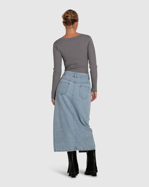 belle & bloom Can't Forget You Denim Midi Skirt White XSmall 3