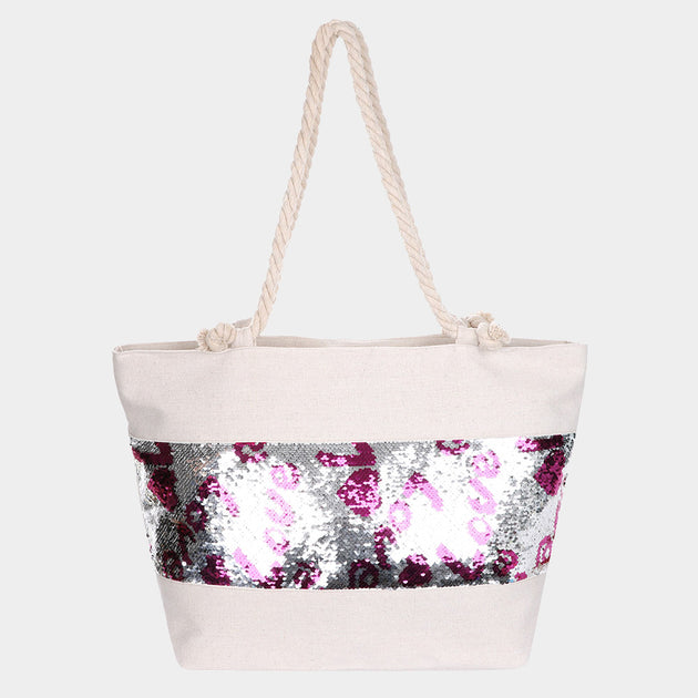 FASHNZFAB Sequin Love Heart Rope Tote Beach Bag Multi 3