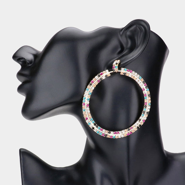 FASHNZFAB Rhinestone Open Circle Earrings Multi Black 2