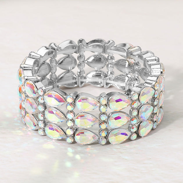 FASHNZFAB Three-row Teardrop Gem Beaded Stretch Bracelet Silver One Size 2