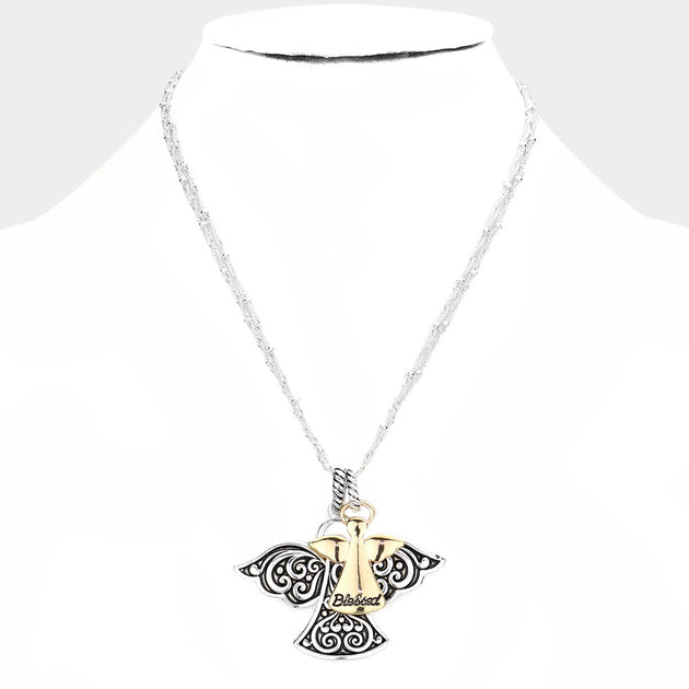 FASHNZFAB Blessed Antique Metal Angel Pendant Necklace Black 2