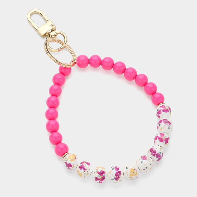 FASHNZFAB Flower Patterned Beaded Keychain Bracelet Fuchsia Pink One Size 2