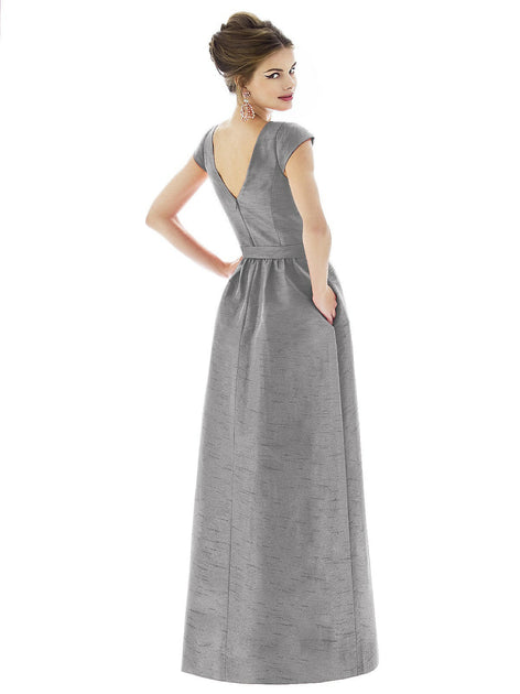 Alfred Sung Cap Sleeve V-Back Maxi Dress Grey US 2 3