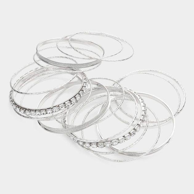FASHNZFAB Stackable Stone Embellished Metal Bangle Bracelets Rhodium Silver One Size 3