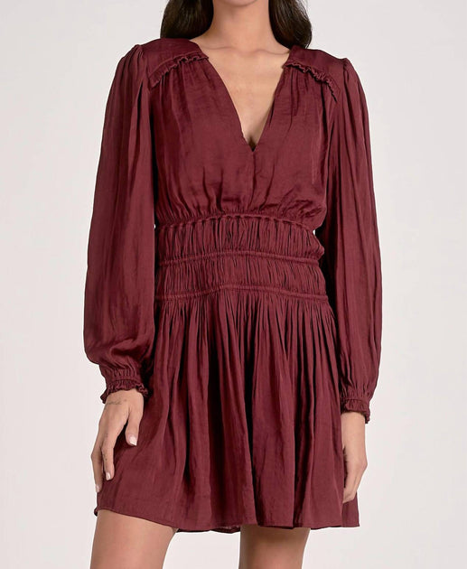 ELAN V-Neck Long Sleeve Smocked Waist Dress Red Large 2