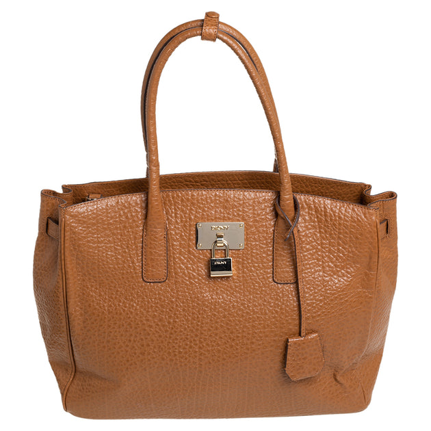 Dkny Caramel Brown Pebbled Leather Padlock Tote | ShopSimon
