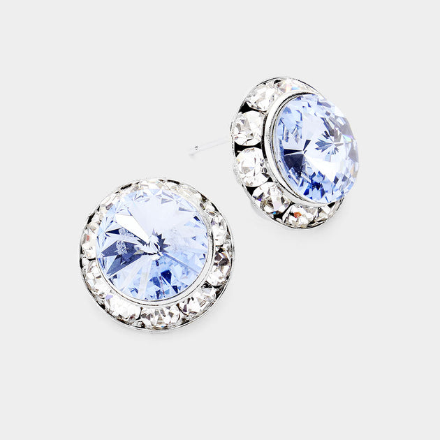 FASHNZFAB Rivoli Cut Genuine Crystal Round Stud Earrings Blue 6