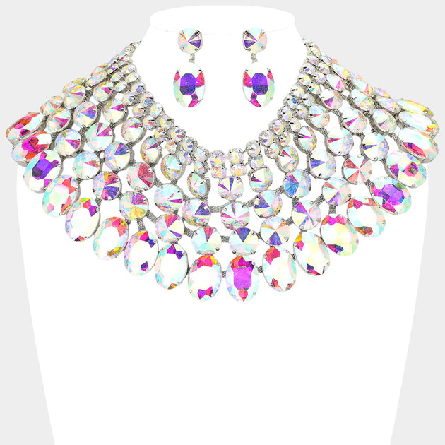 FASHNZFAB Crystal Glass Bib Necklace Silver 3