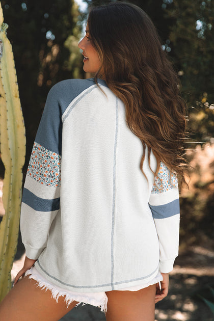 TRUEDAMES Floral Patchwork Waffle Knit Raglan Top Grey Large 4