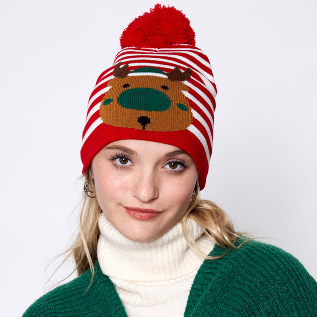 FASHNZFAB Striped Rudolph Pom Pom Beanie Hat Red 5